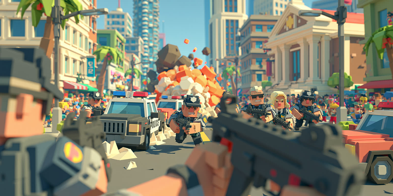 Concept art: a crowded pastel city street scattering as police open fire