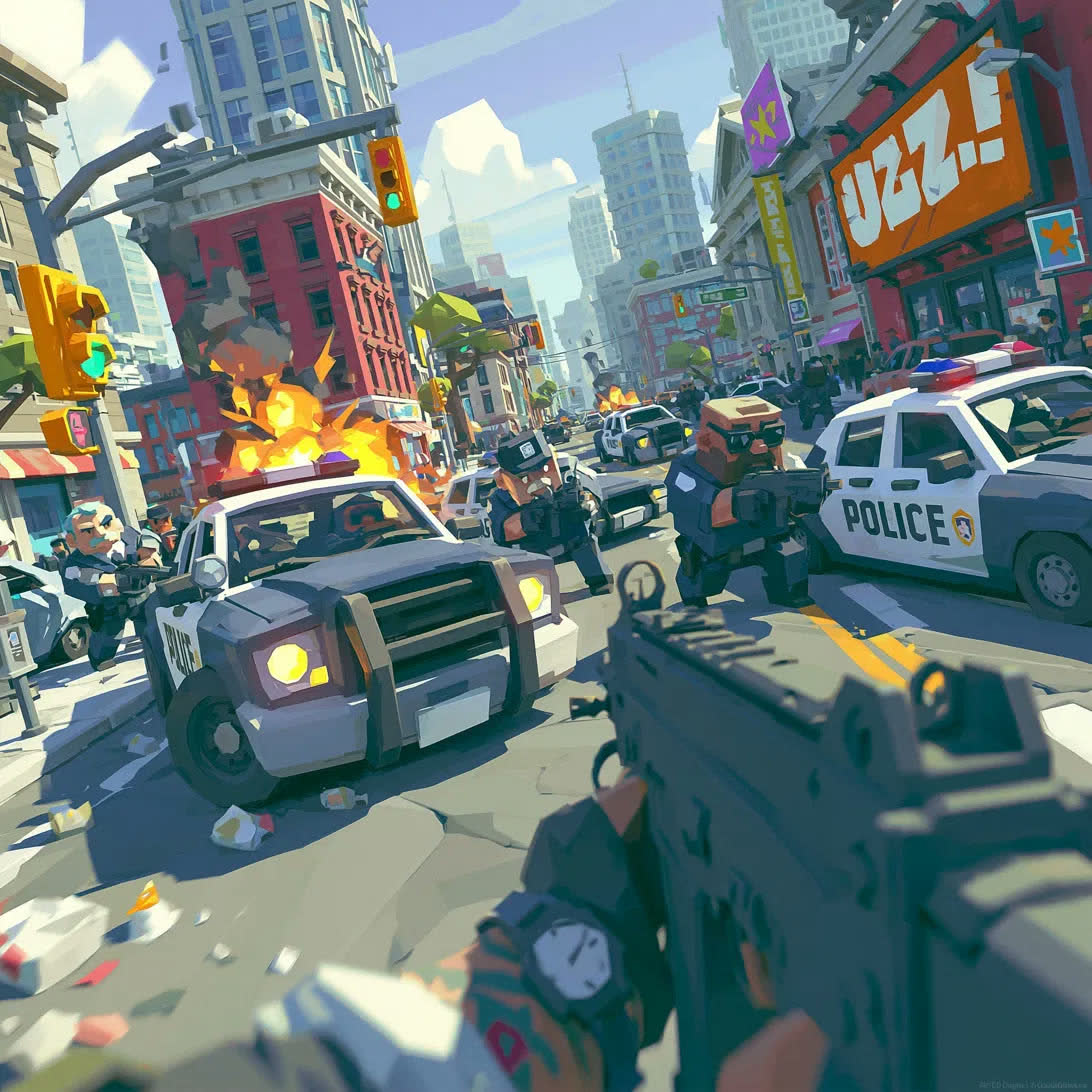 Concept art: a city street at dusk, cars burning under an orange sunset