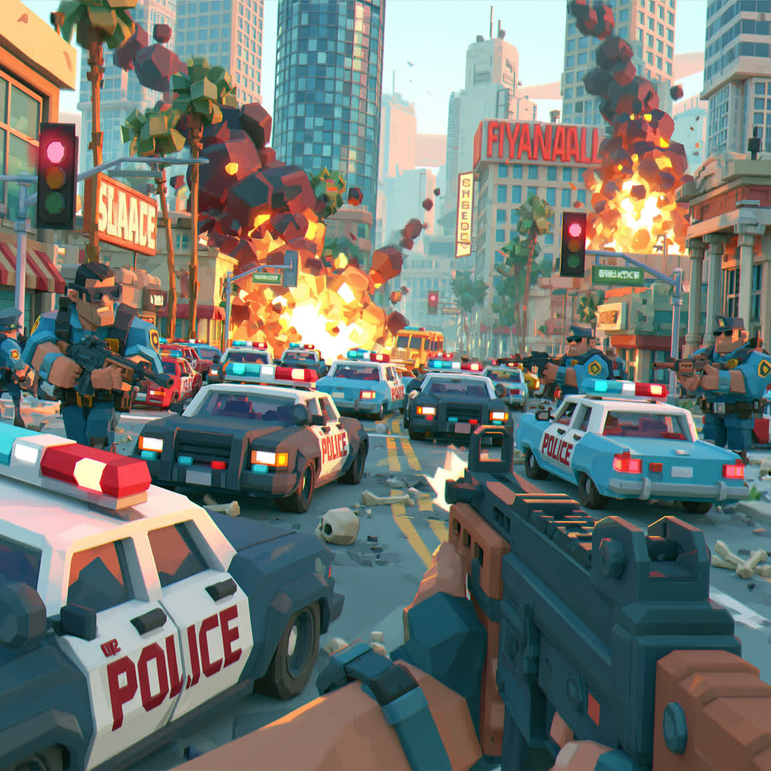 Concept art: a wall of low-poly police cars and officers filling a city street