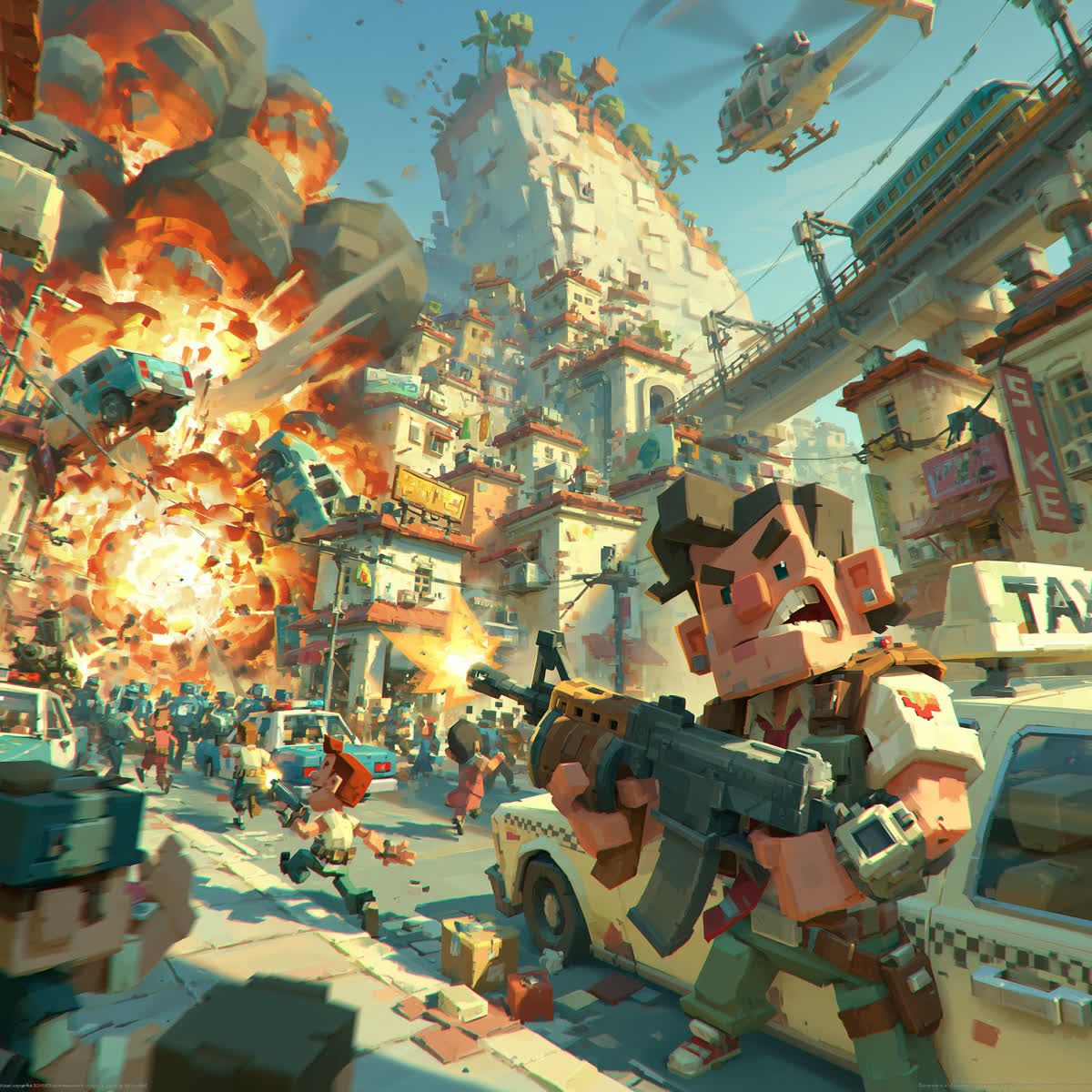 Concept art: a blocky character with a rifle beside a taxi while a hillside neighborhood erupts behind him