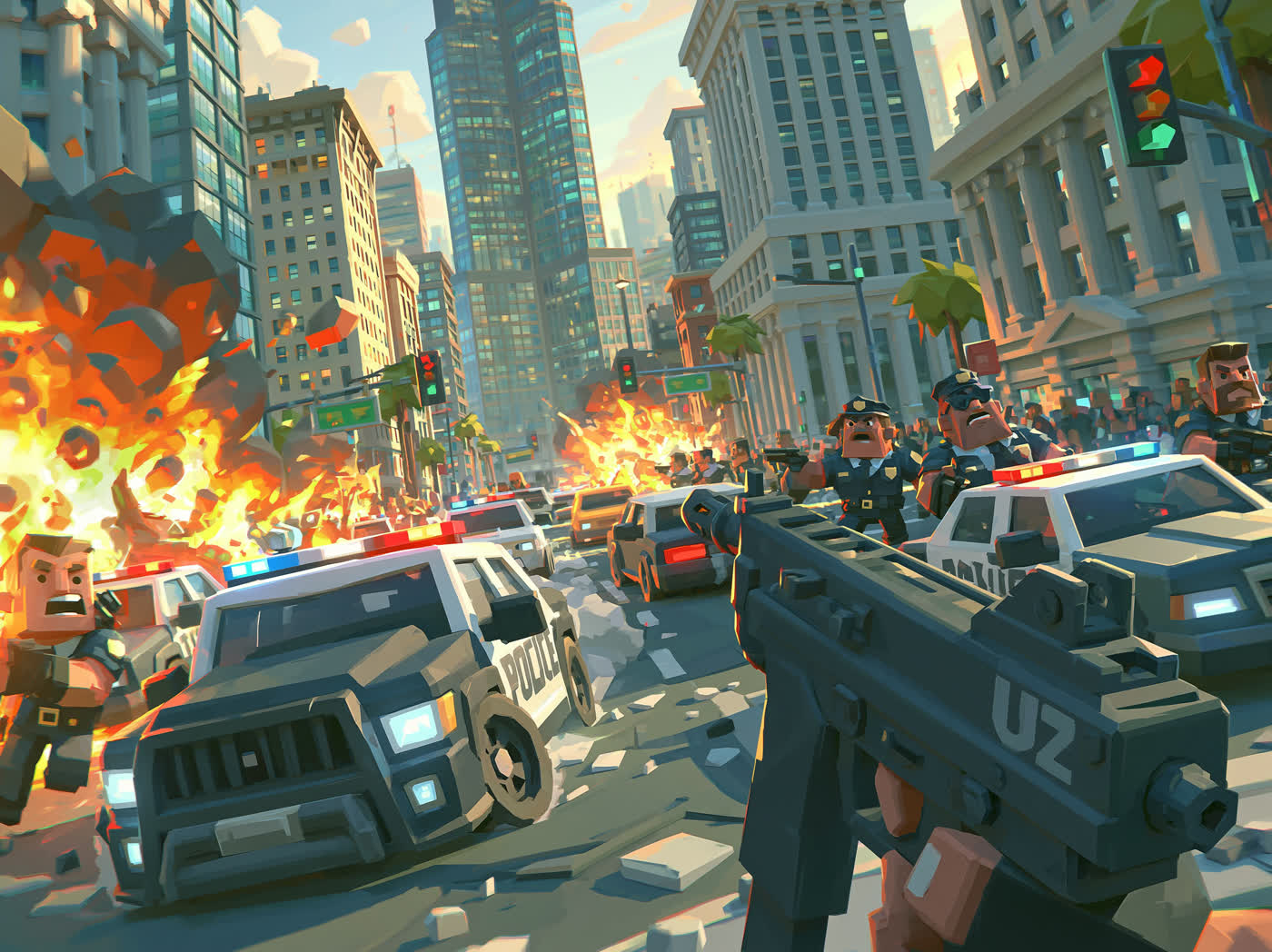 Concept art: first-person view over an SMG as police cars swarm a burning intersection