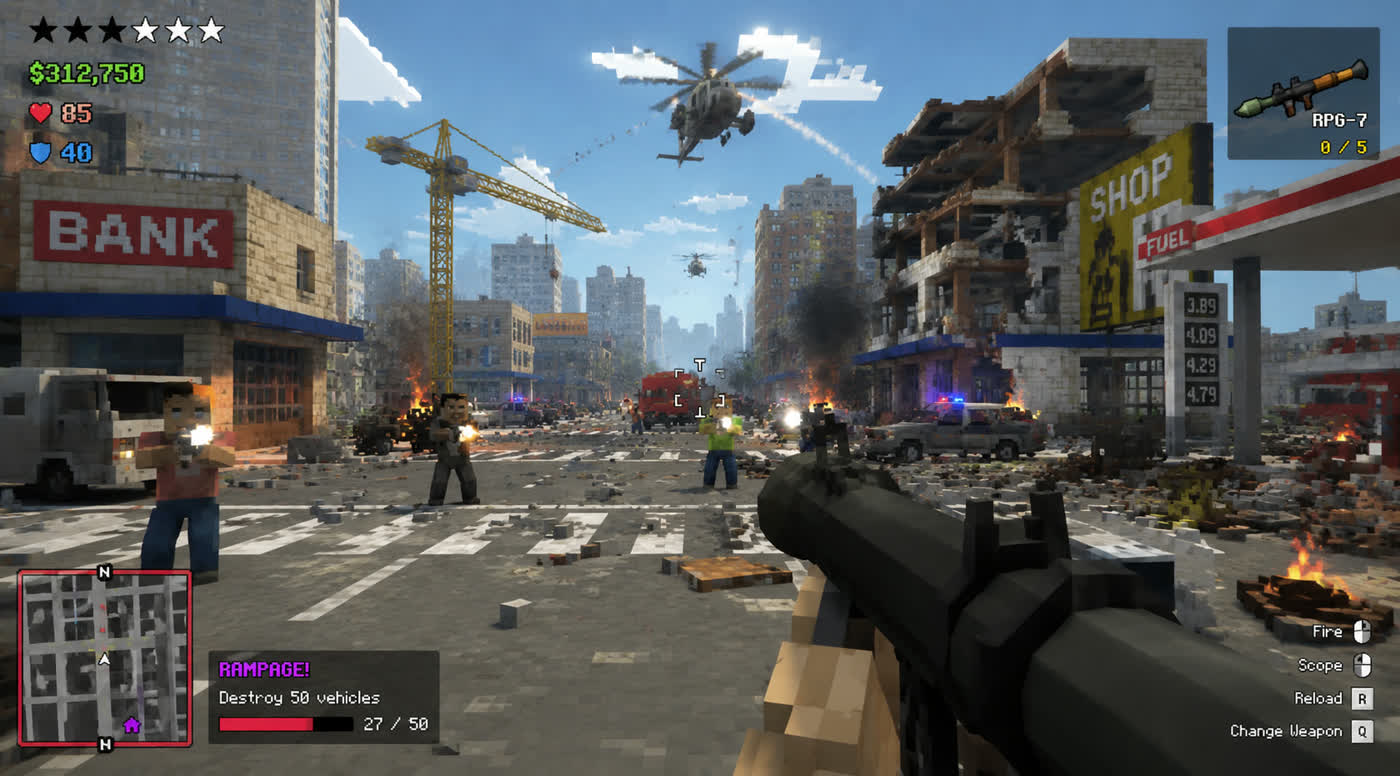 Concept art: midday rampage outside a bank, helicopter overhead