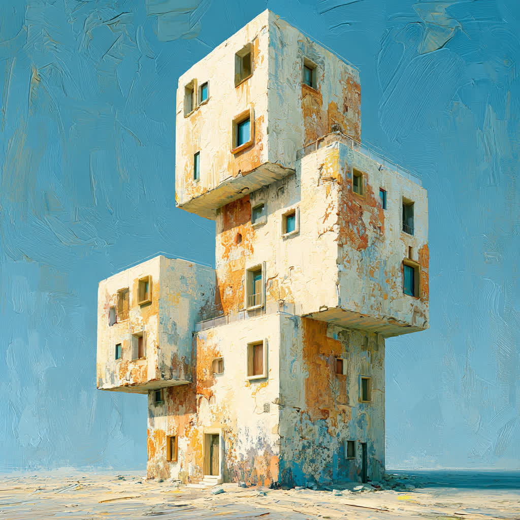 Concept art: skyscraper study, three stacked cubes in cream paint
